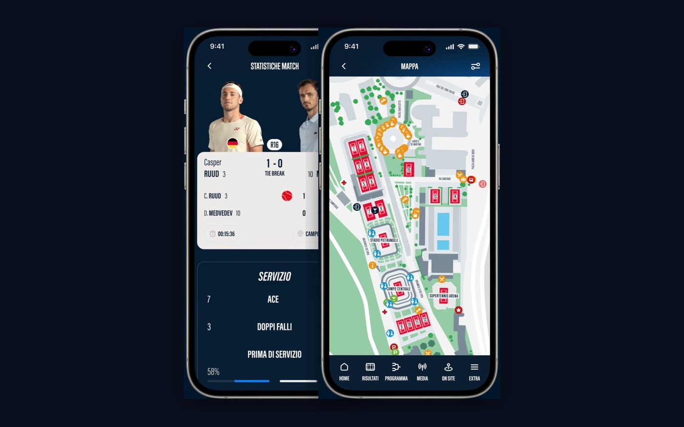 App Internazionali BNL d'Italia: statistiche match e mappa del Foro Italico